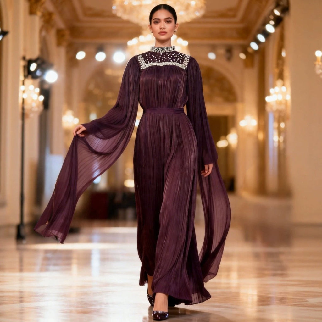 Pearl & Crystal Beaded Pleated Chiffon Maxi Gown(MA441)