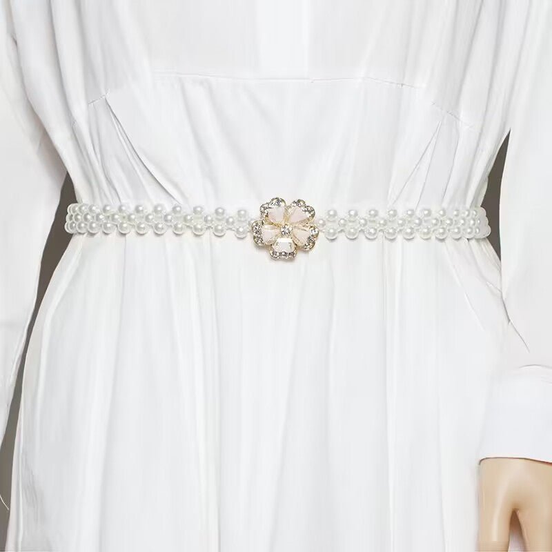 Pearl Elastic Waist Belt | Rhinestone Flower Stretch Belt(MAC362)