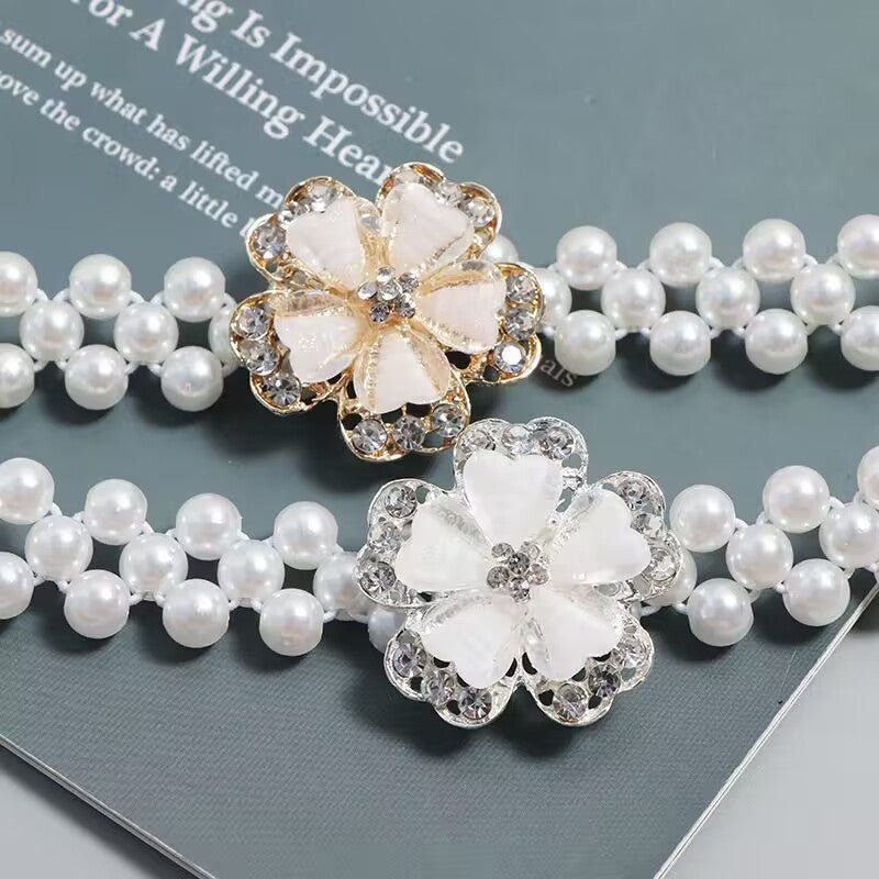 Pearl Elastic Waist Belt | Rhinestone Flower Stretch Belt(MAC362)