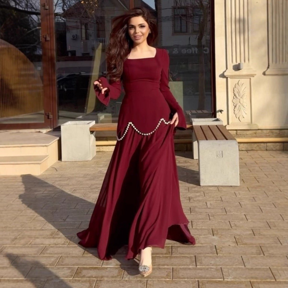 Pearl-Embellished Square Neck Maxi Dress | Modest Gowns with Long Sleeves(MA269)