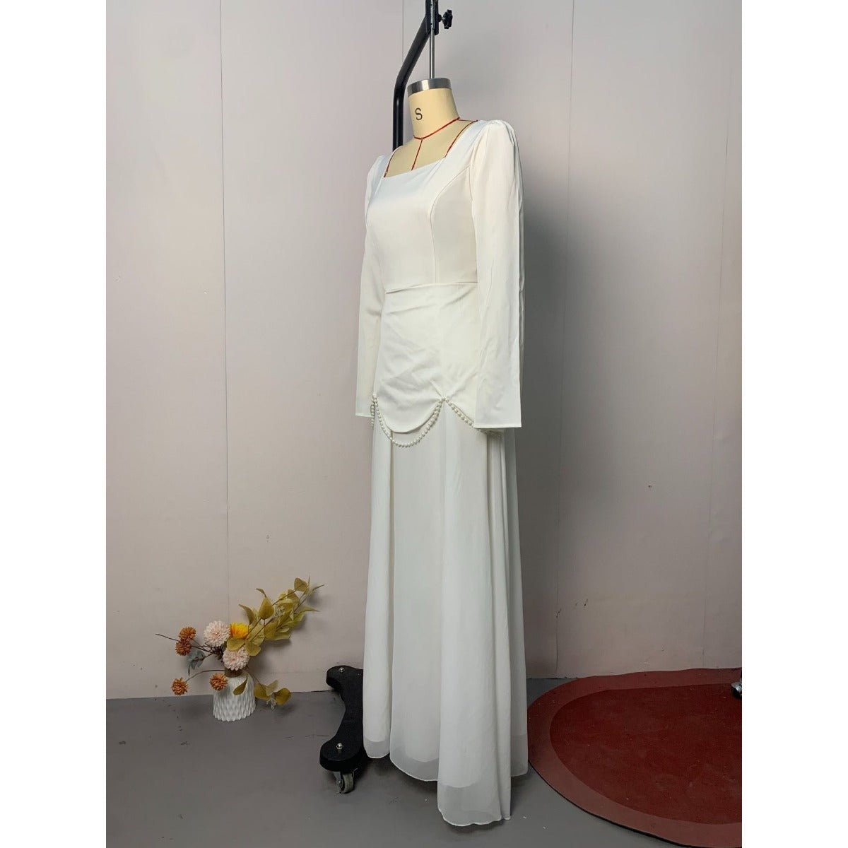 Pearl-Embellished Square Neck Maxi Dress | Modest Gowns with Long Sleeves(MA269)