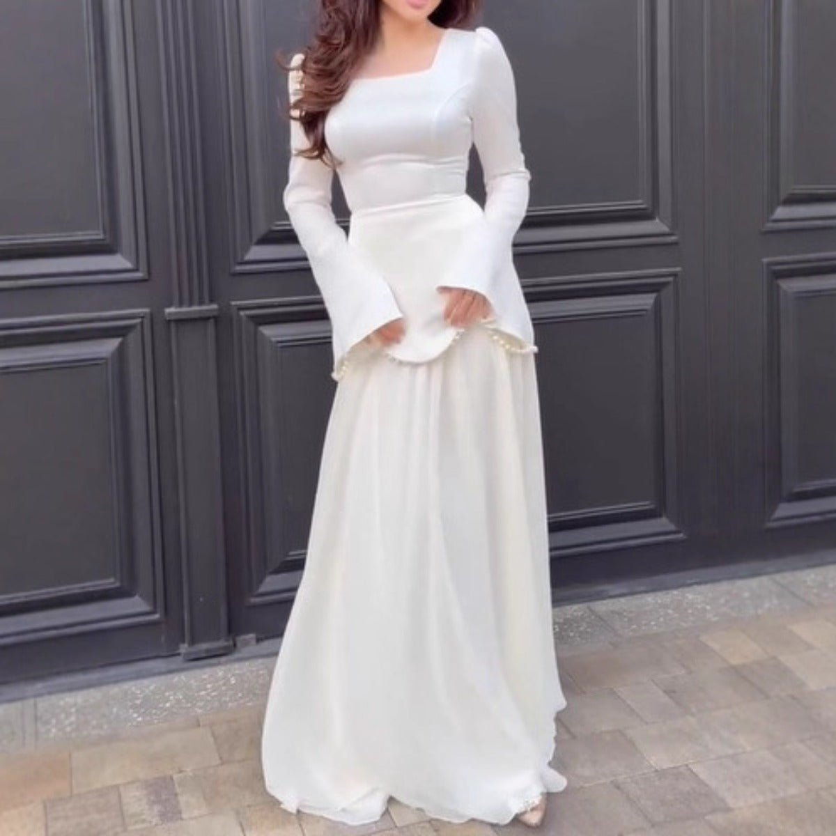 Pearl-Embellished Square Neck Maxi Dress | Modest Gowns with Long Sleeves(MA269)