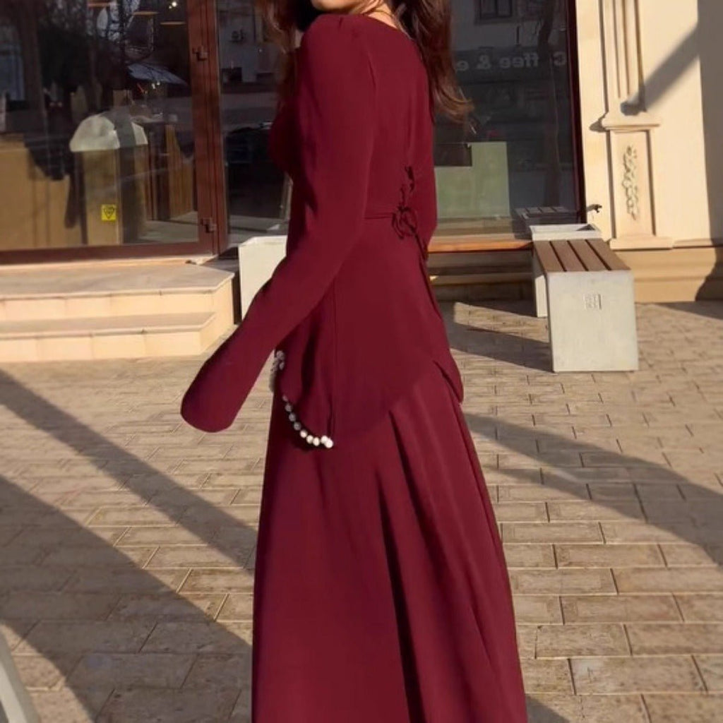 Pearl-Embellished Square Neck Maxi Dress | Modest Gowns with Long Sleeves(MA269)