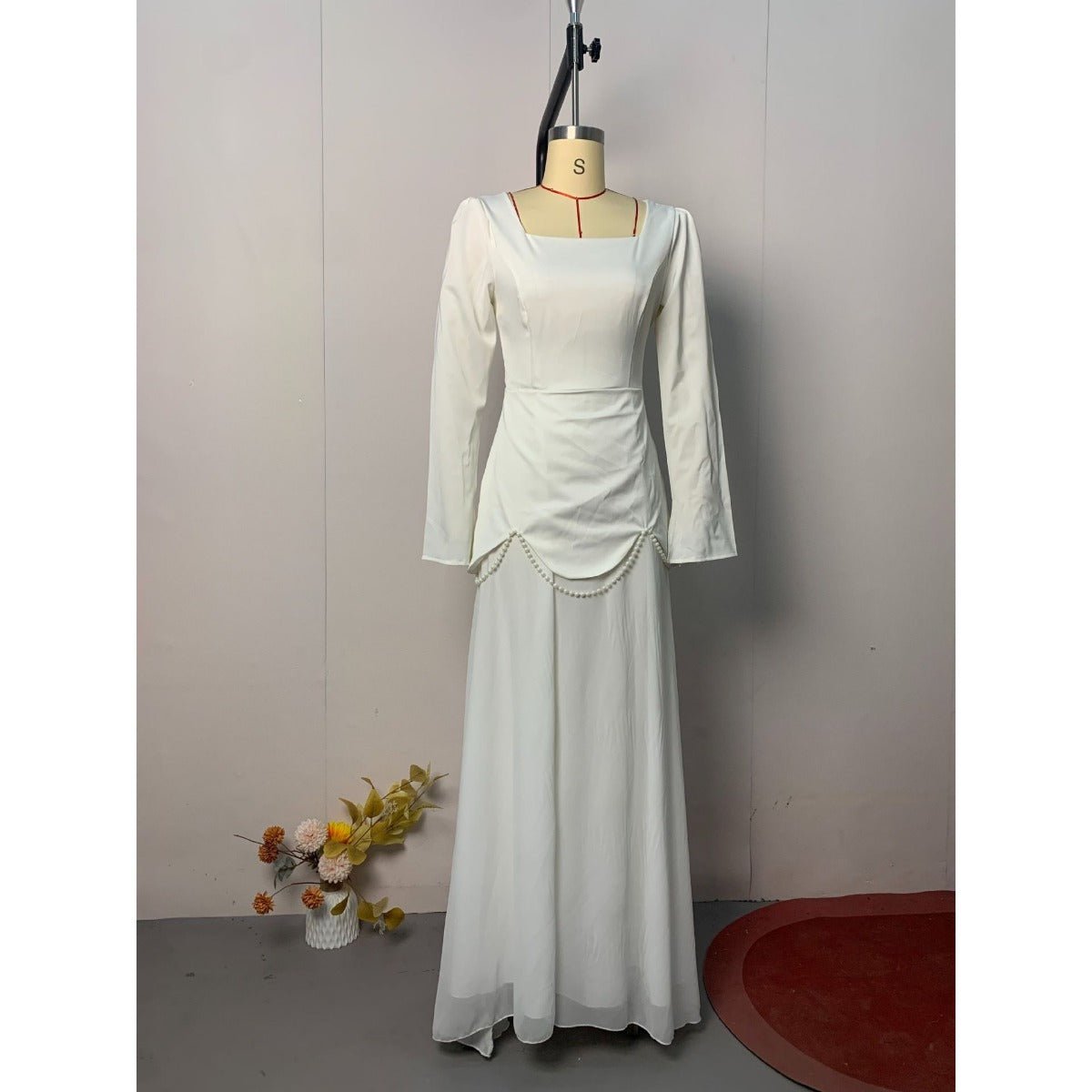 Pearl-Embellished Square Neck Maxi Dress | Modest Gowns with Long Sleeves(MA269)