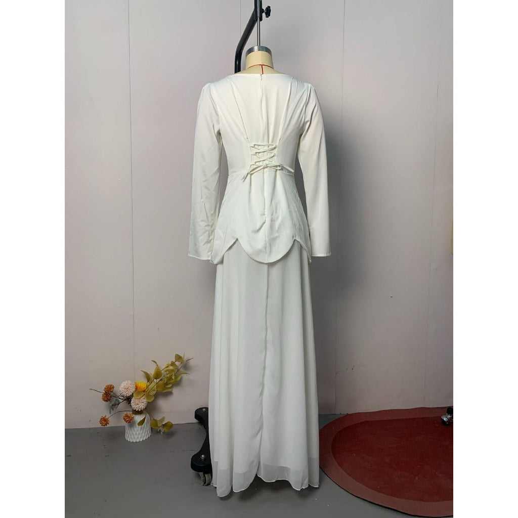 Pearl-Embellished Square Neck Maxi Dress | Modest Gowns with Long Sleeves(MA269)