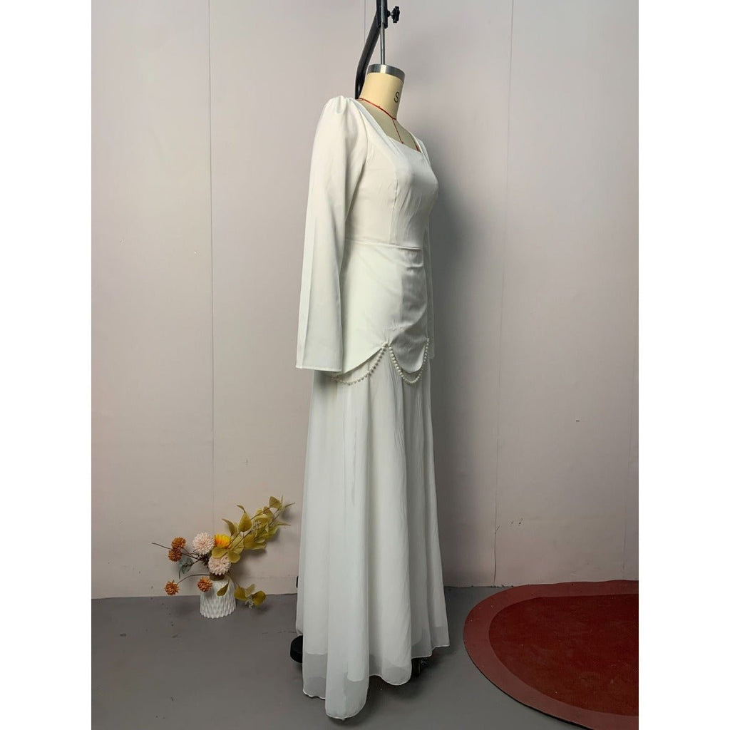 Pearl-Embellished Square Neck Maxi Dress | Modest Gowns with Long Sleeves(MA269)