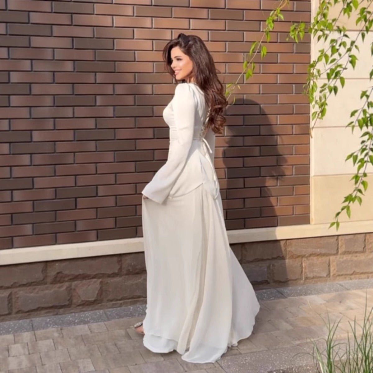 Pearl-Embellished Square Neck Maxi Dress | Modest Gowns with Long Sleeves(MA269)