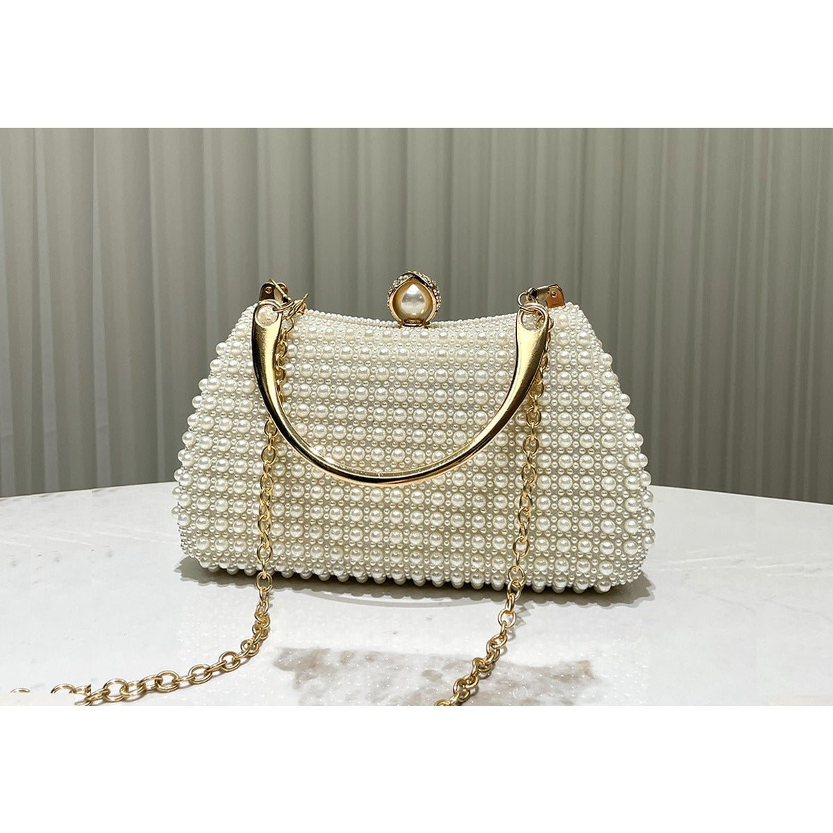 Pearl-Embellished Vintage-Inspired Beaded Box Bag Evening Clutch with Gold Accents (MAC248)