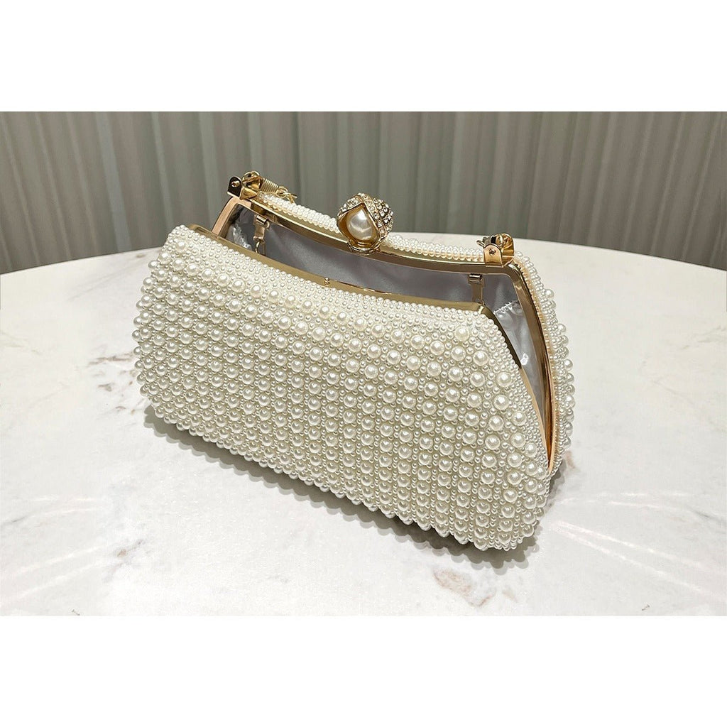 Pearl-Embellished Vintage-Inspired Beaded Box Bag Evening Clutch with Gold Accents (MAC248)