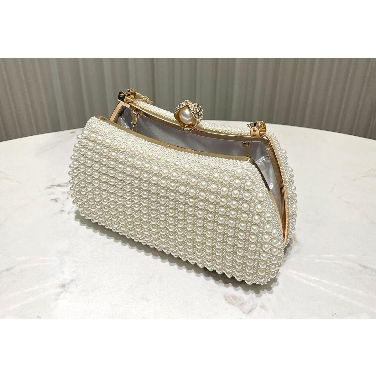 Pearl-Embellished Vintage-Inspired Beaded Box Bag Evening Clutch with Gold Accents (MAC248)