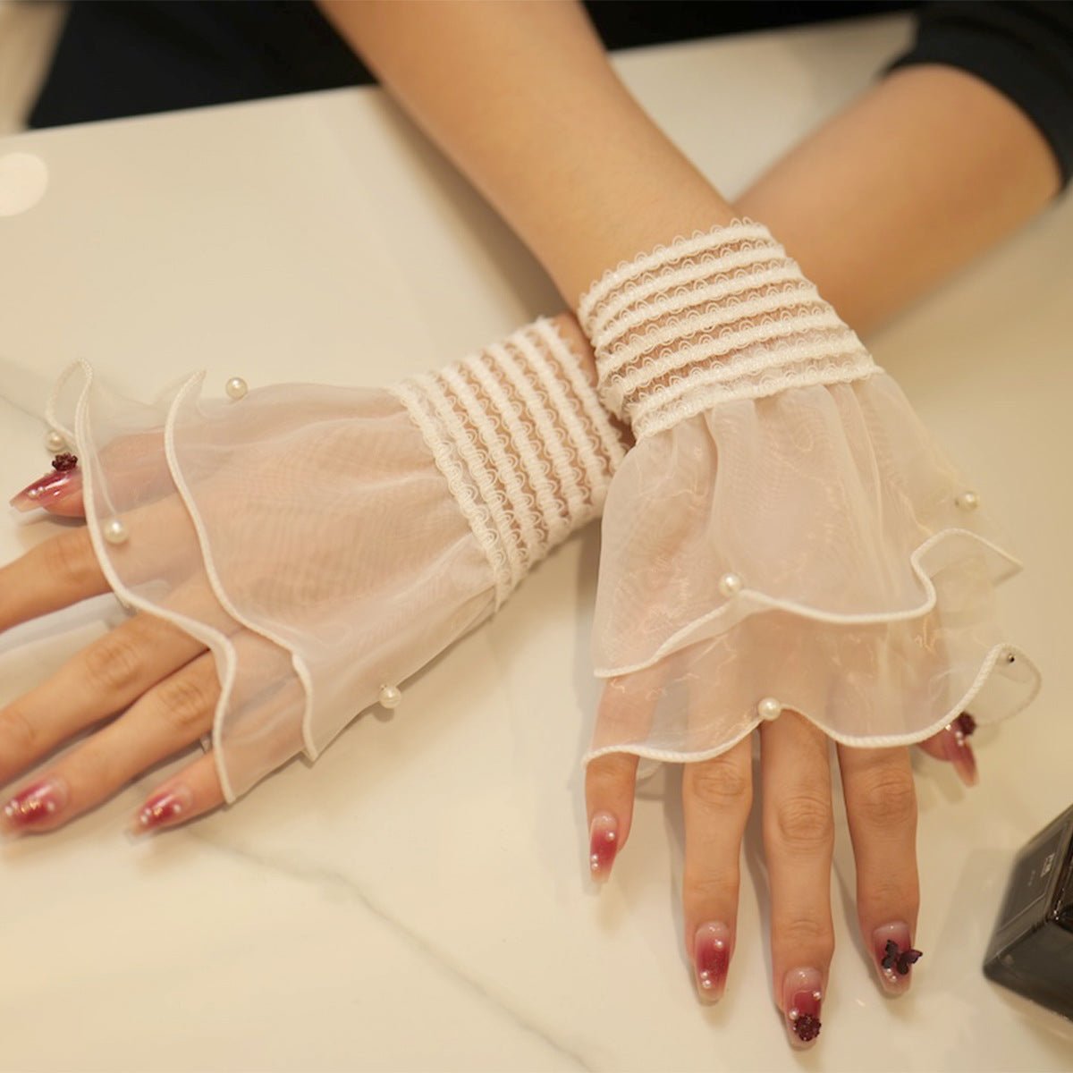 Pearl Trim Organza Ruffle Cuff Sleeves (MAC424)