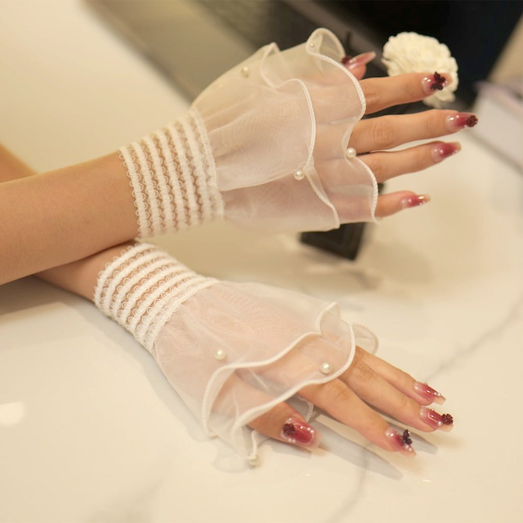 Pearl Trim Organza Ruffle Cuff Sleeves (MAC424)