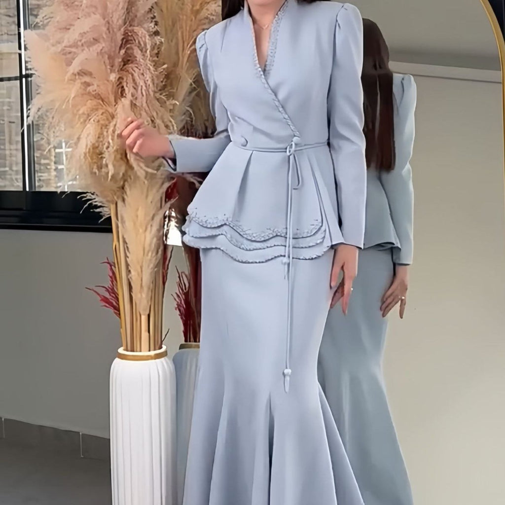 Pearl-Trimmed Blazer & Skirt Set(MS249)
