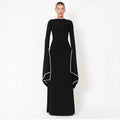 Pearl-Trimmed Cape Sleeve Evening Gown | Fitted Black Maxi Dress(MA355)