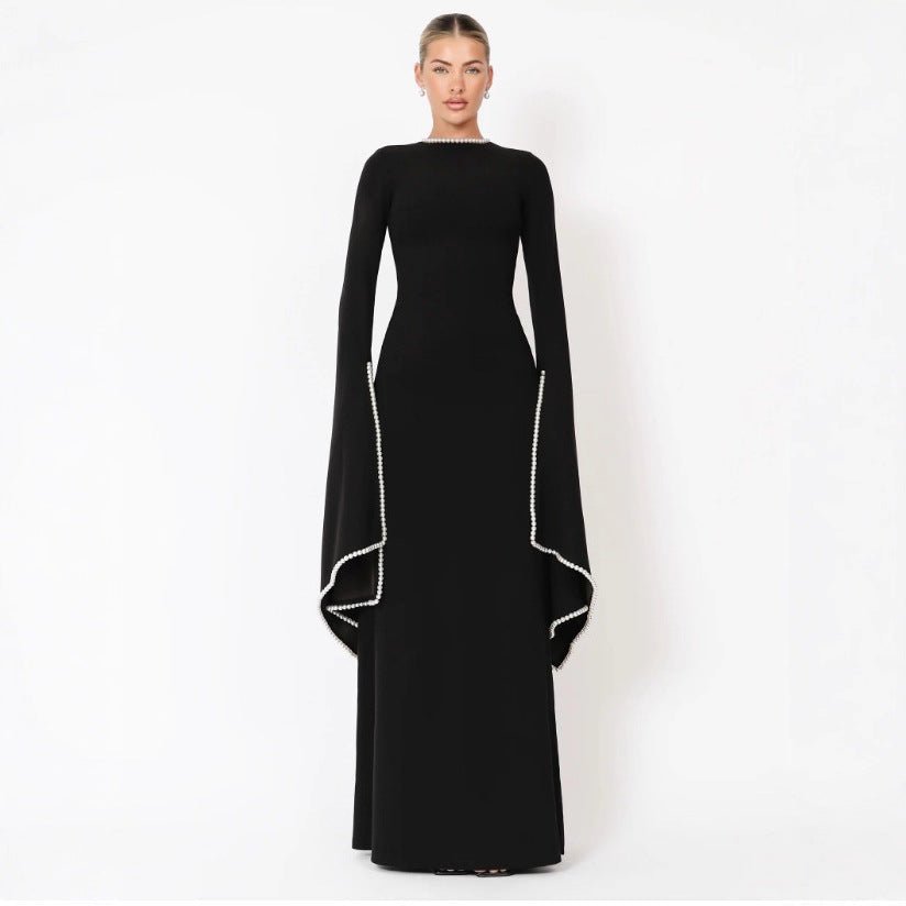 Pearl-Trimmed Cape Sleeve Evening Gown | Fitted Black Maxi Dress(MA355)