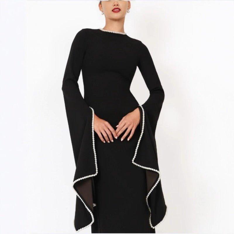 Pearl-Trimmed Cape Sleeve Evening Gown | Fitted Black Maxi Dress(MA355)
