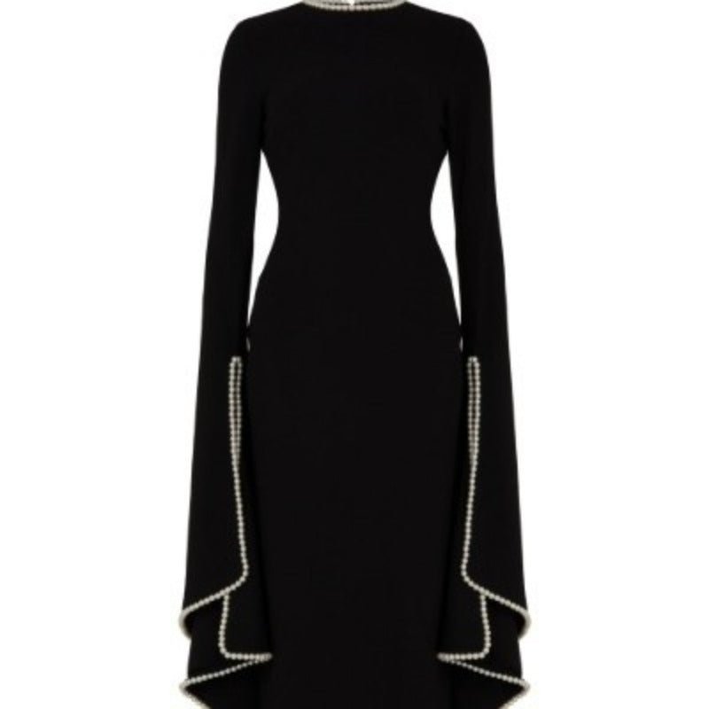 Pearl-Trimmed Cape Sleeve Evening Gown | Fitted Black Maxi Dress(MA355)