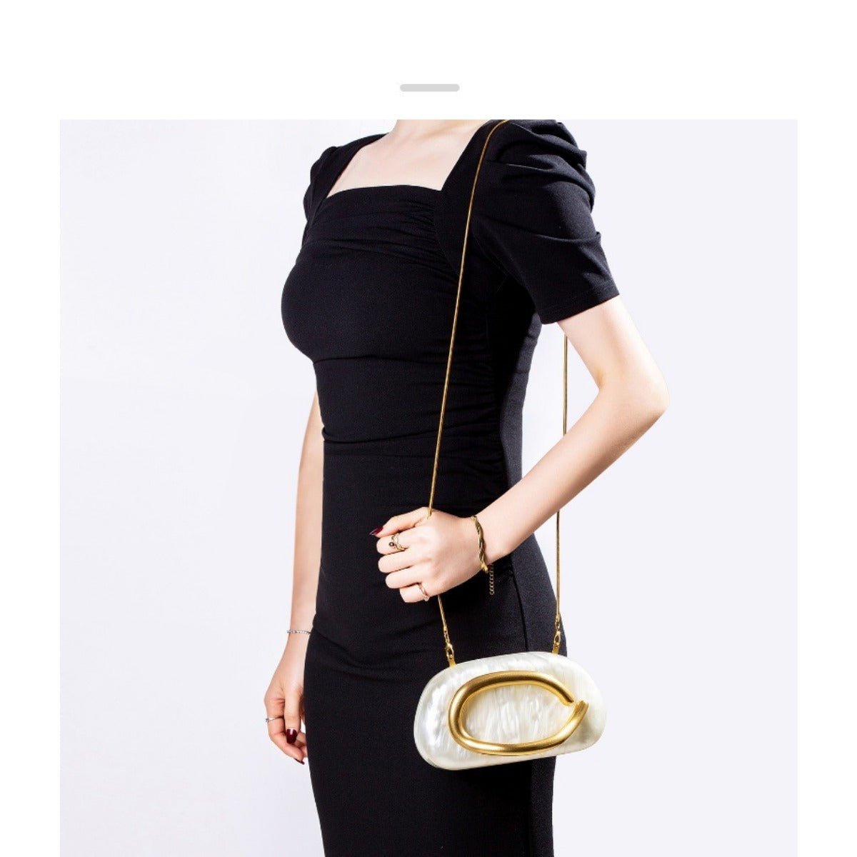 Pearlized Acrylic Gold-Tone Ring Handle Evening Bag - Wedding Banquet Shoulder Messenger Purse (MAC250)