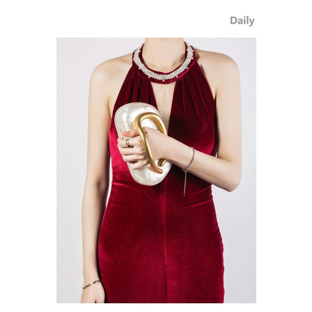 Pearlized Acrylic Gold-Tone Ring Handle Evening Bag - Wedding Banquet Shoulder Messenger Purse (MAC250)