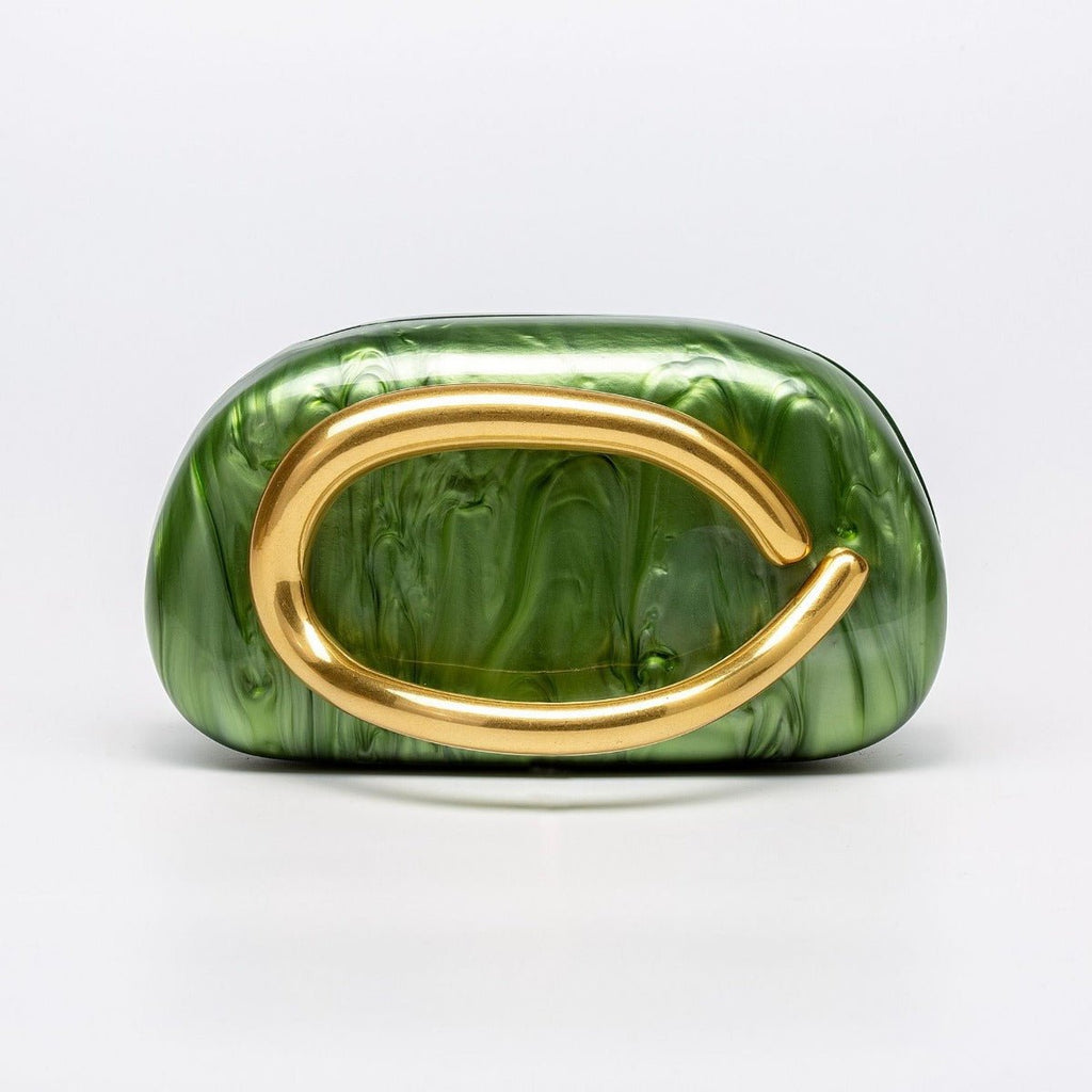 Pearlized Acrylic Gold-Tone Ring Handle Evening Bag - Wedding Banquet Shoulder Messenger Purse (MAC250)