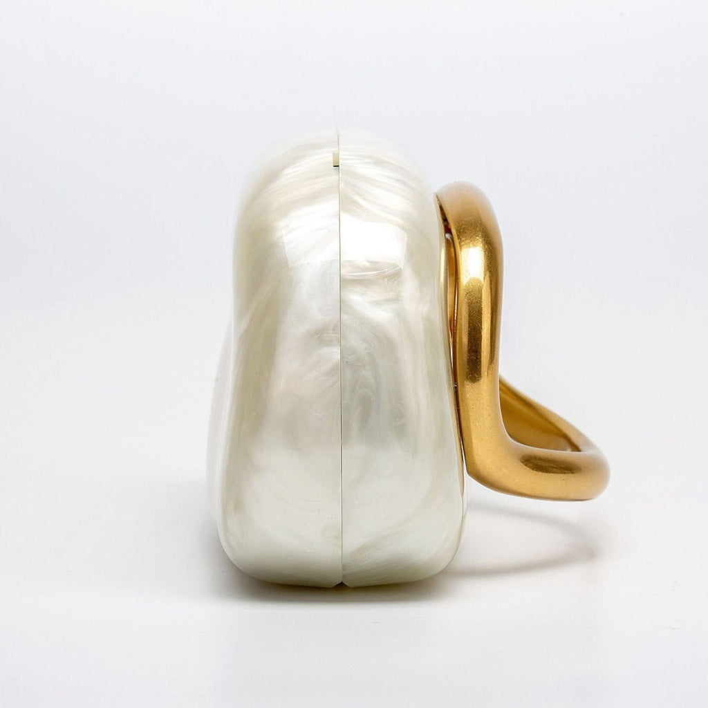 Pearlized Acrylic Gold-Tone Ring Handle Evening Bag - Wedding Banquet Shoulder Messenger Purse (MAC250)