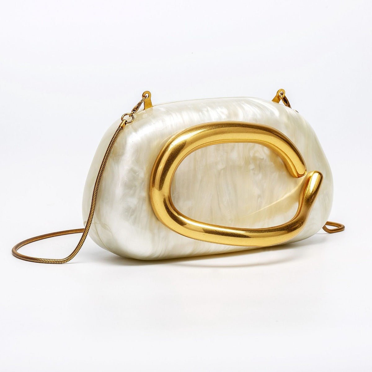 Pearlized Acrylic Gold-Tone Ring Handle Evening Bag - Wedding Banquet Shoulder Messenger Purse (MAC250)