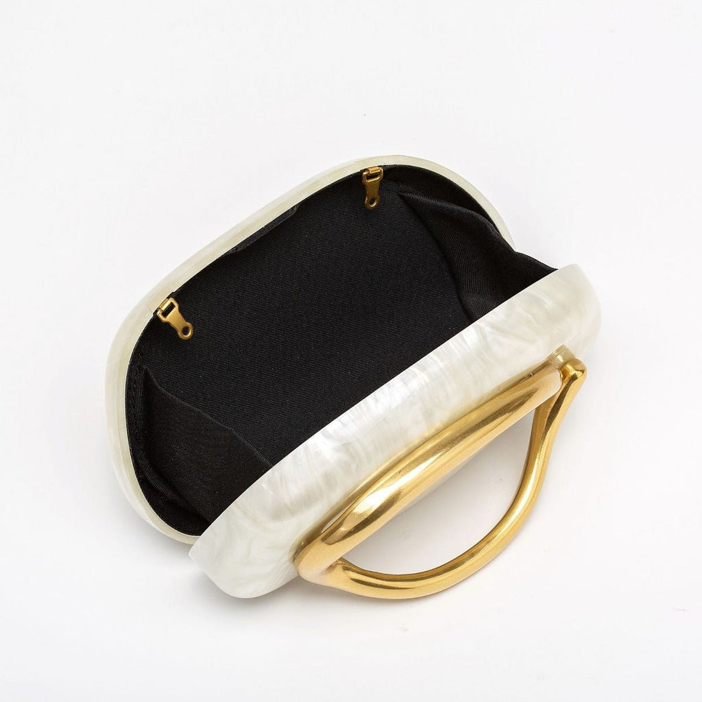 Pearlized Acrylic Gold-Tone Ring Handle Evening Bag - Wedding Banquet Shoulder Messenger Purse (MAC250)