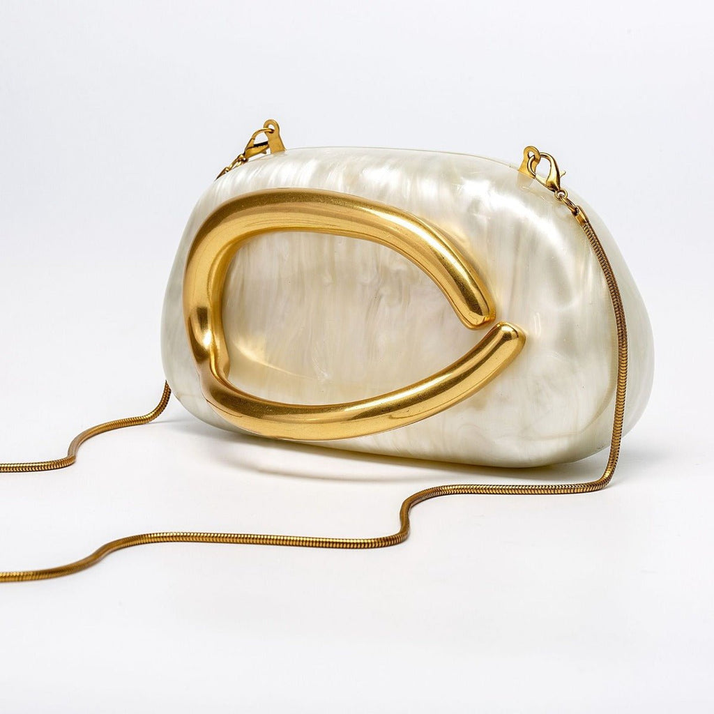 Pearlized Acrylic Gold-Tone Ring Handle Evening Bag - Wedding Banquet Shoulder Messenger Purse (MAC250)