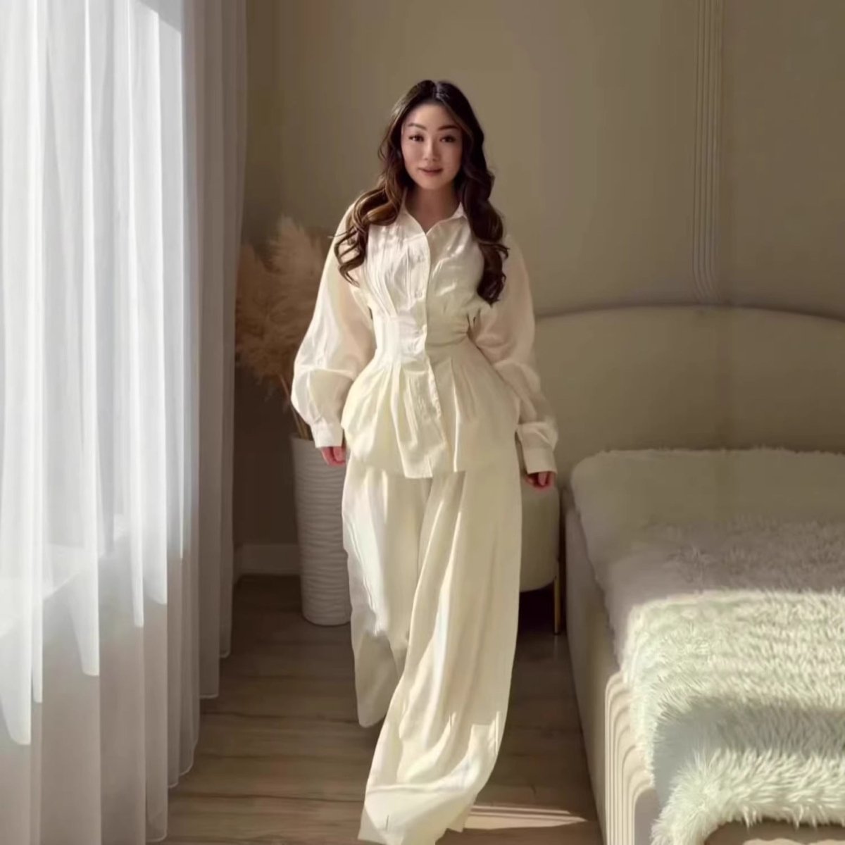 Peplum Shirt & Wide-Leg Trousers Co-ord Set(MS481)