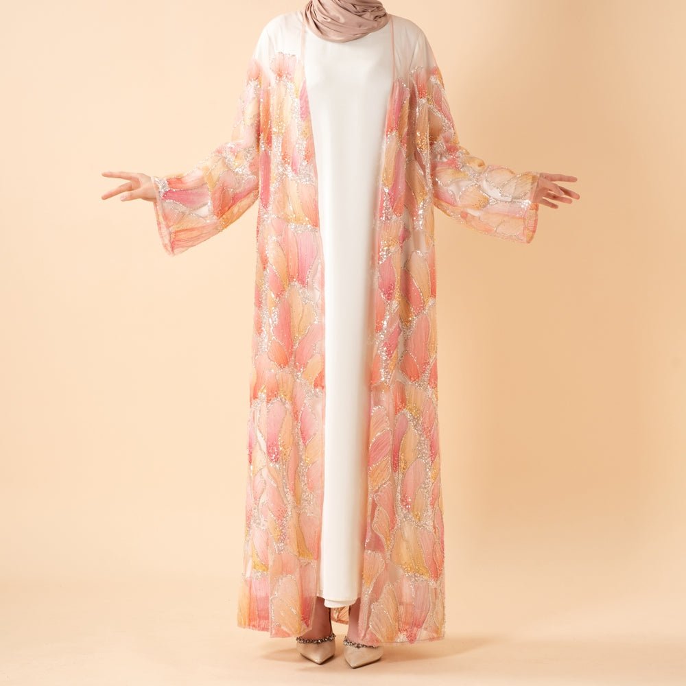 Petal Glow Hand-Embroidered Open Abaya — Secret Garden Series (MOA295)