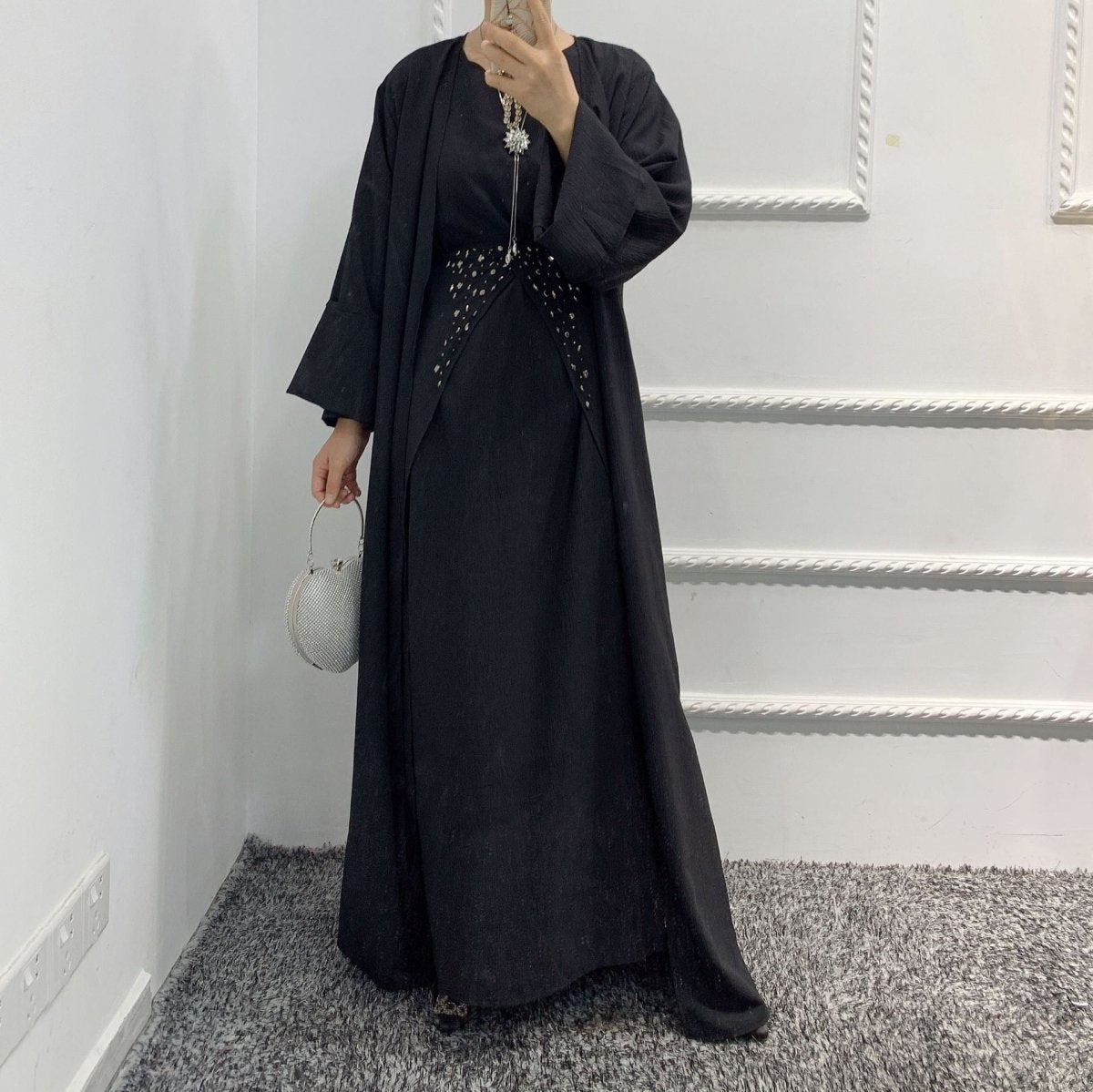 Pineapple Crinkle Solid Color Elegant Open Abaya 3-Piece Set (MOA131)
