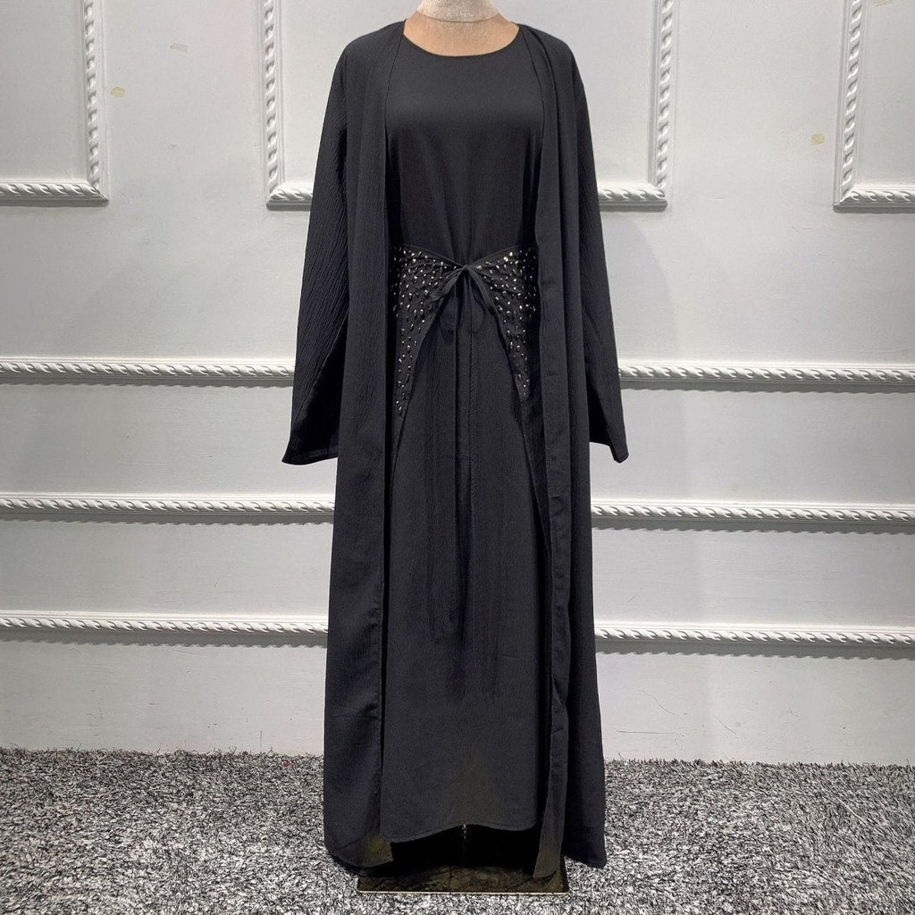 Pineapple Crinkle Solid Color Elegant Open Abaya 3-Piece Set (MOA131)