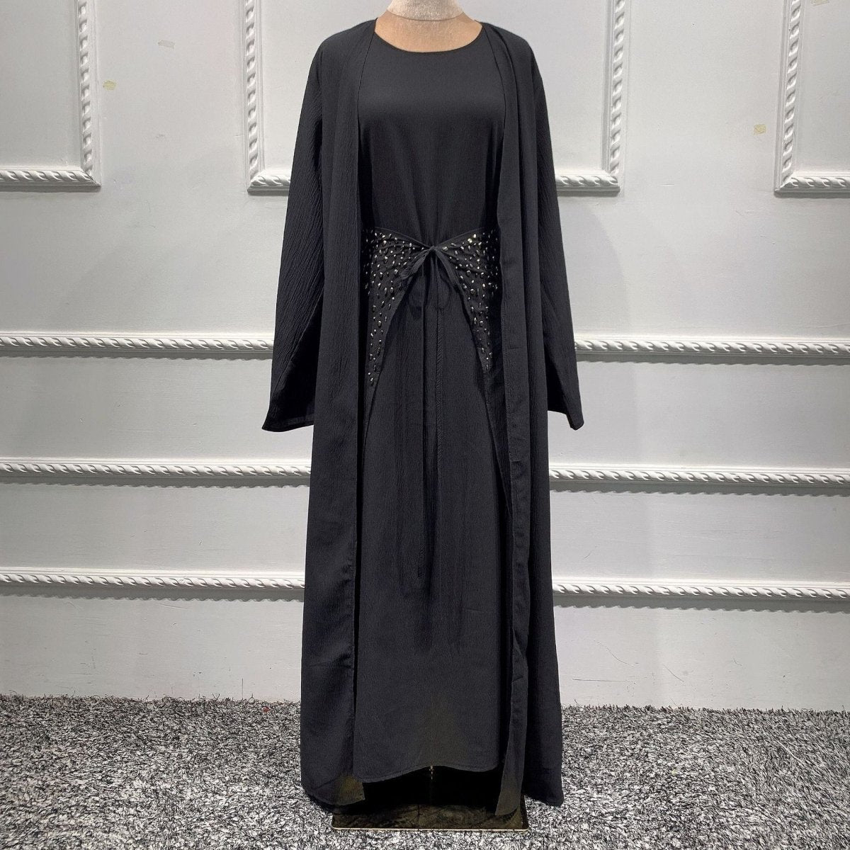 Pineapple Crinkle Solid Color Elegant Open Abaya 3-Piece Set (MOA131)