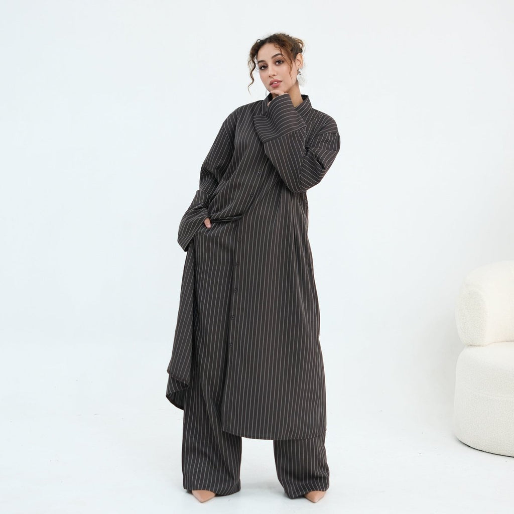 Pinstripe Oversized Shirt & Wide-Leg Trouser Set(MS452)
