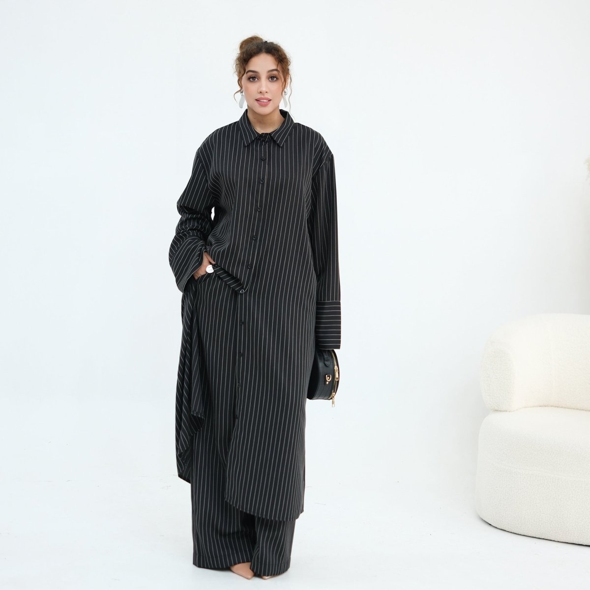 Pinstripe Oversized Shirt & Wide-Leg Trouser Set(MS452)