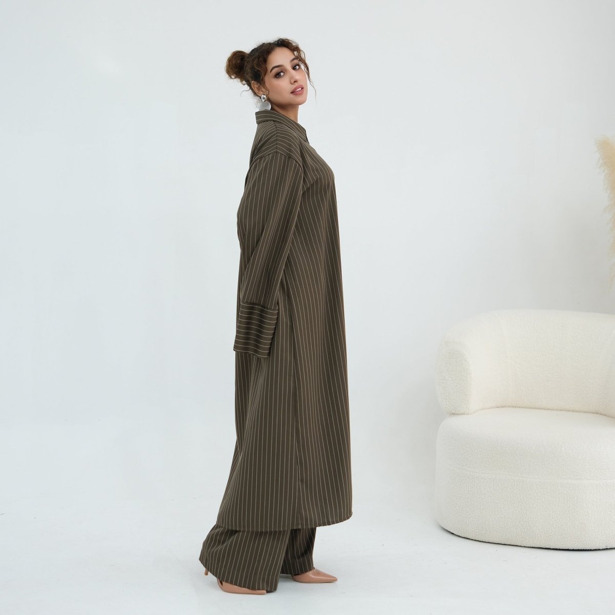 Pinstripe Oversized Shirt & Wide-Leg Trouser Set(MS452)