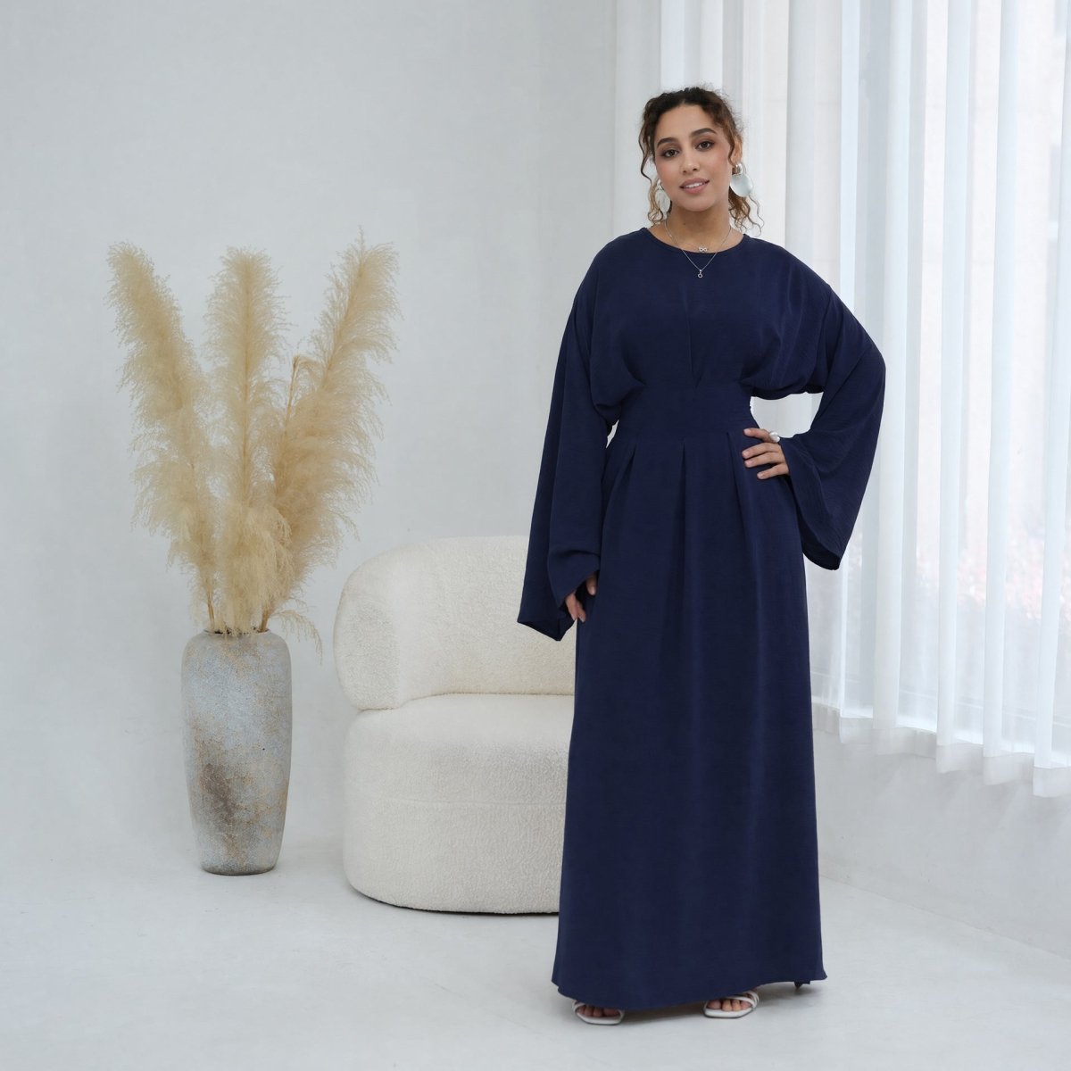 Pleated Batwing Sleeve Maxi Dress(MS453)
