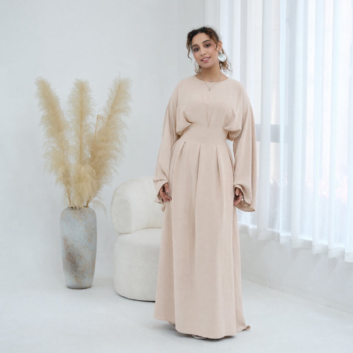 Pleated Batwing Sleeve Maxi Dress(MS453)