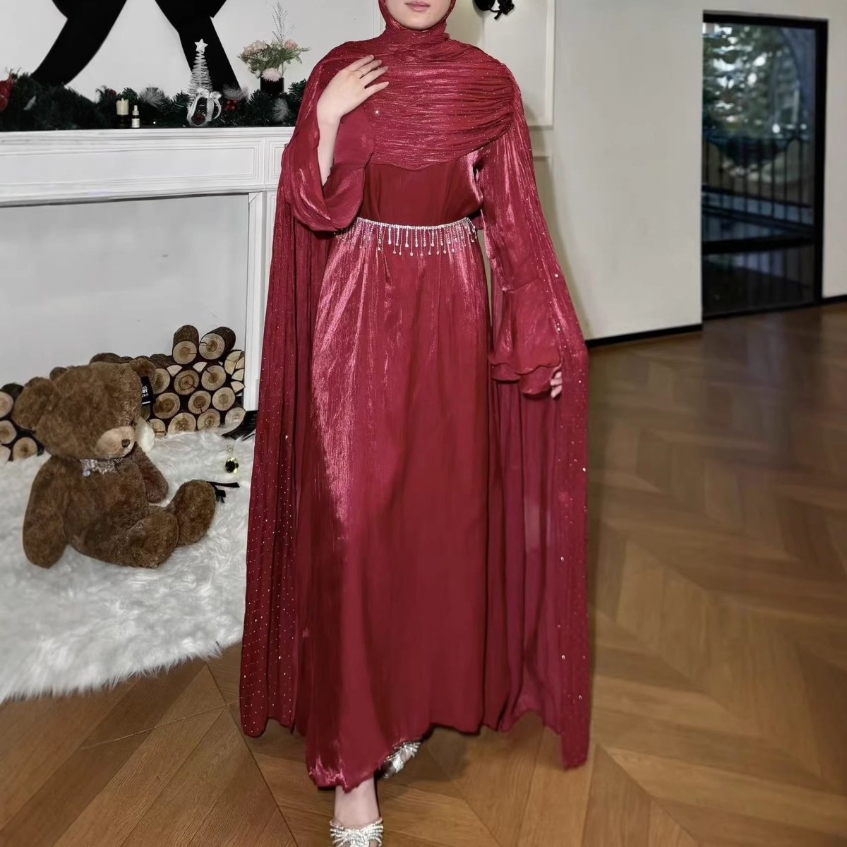 Pleated Cape Sleeve Abaya Maxi Dress(MA430)