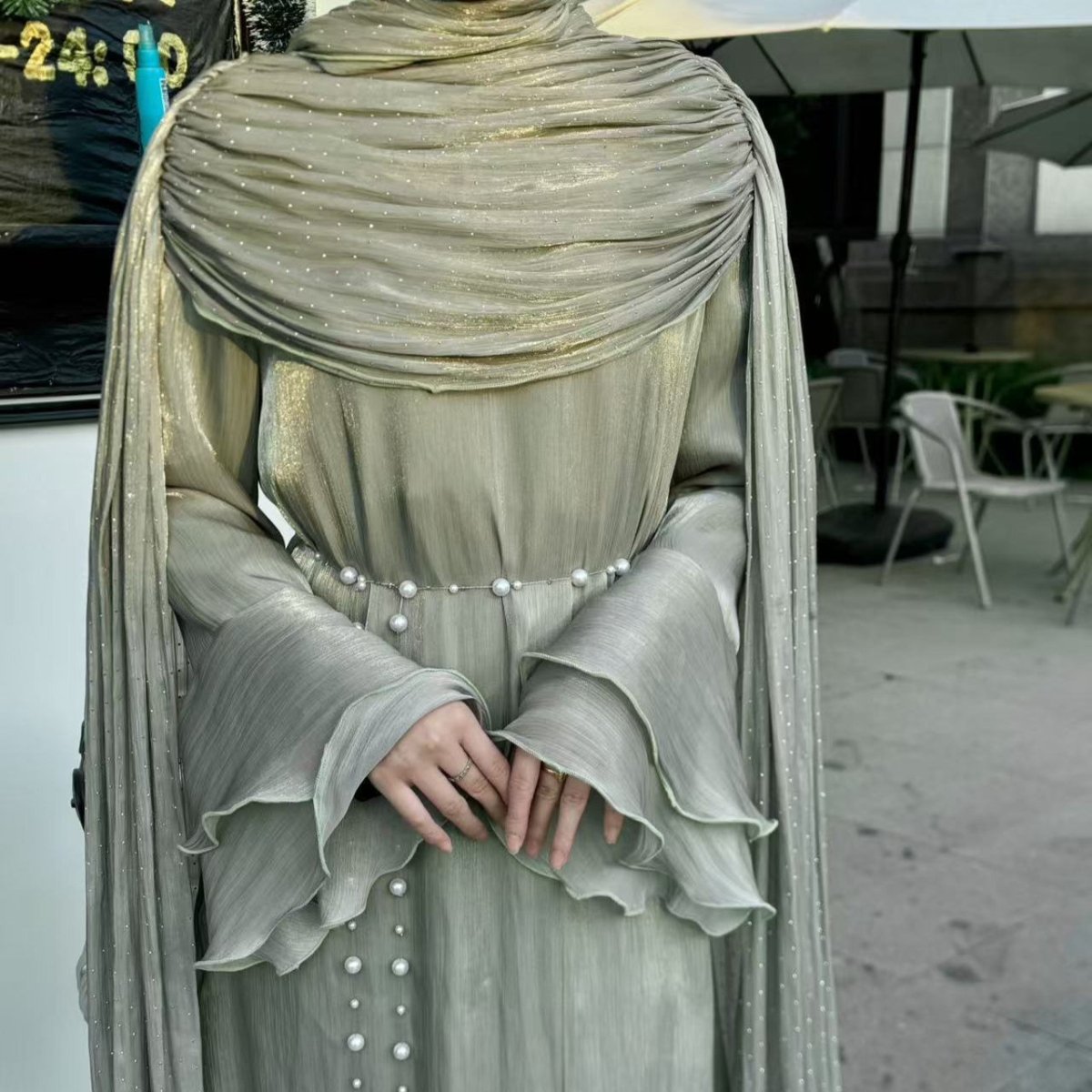 Pleated Cape Sleeve Abaya Maxi Dress(MA430)