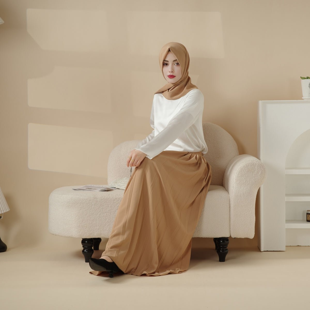 Pleated Overskirt, Wide-Cut Pants & Matching Hijab Set (MS025)