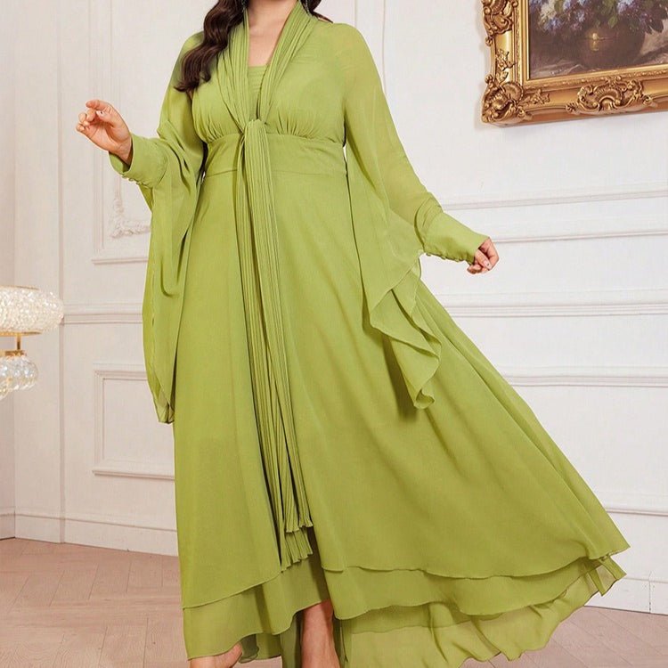 Plus Size Pleated Tie-Neck Maxi Dress(MS370)