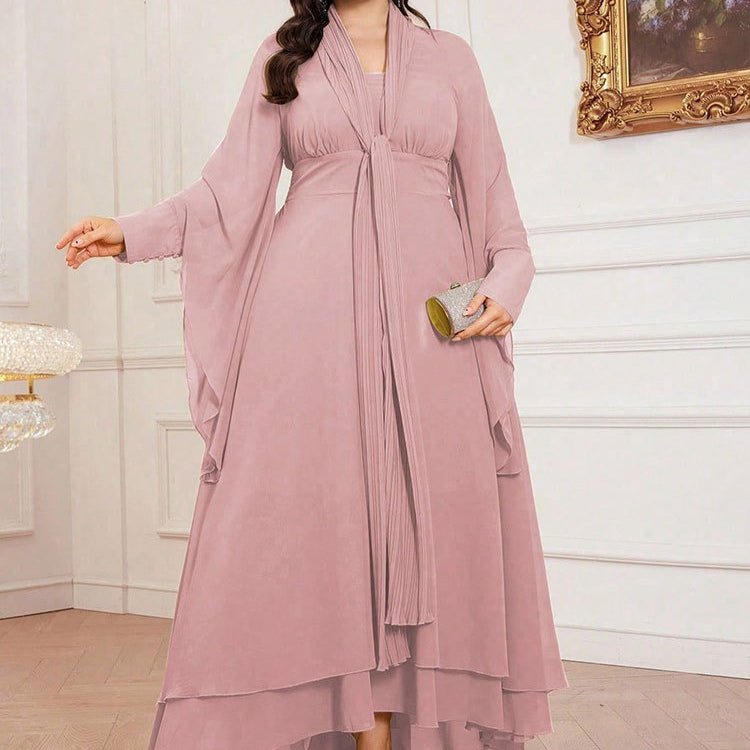 Plus Size Pleated Tie-Neck Maxi Dress(MS370)