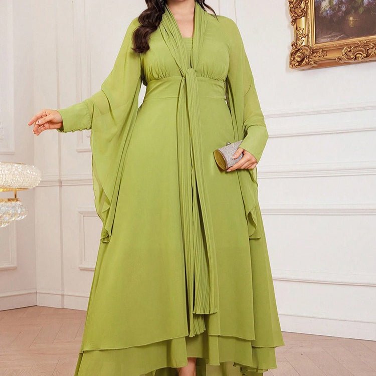 Plus Size Pleated Tie-Neck Maxi Dress(MS370)