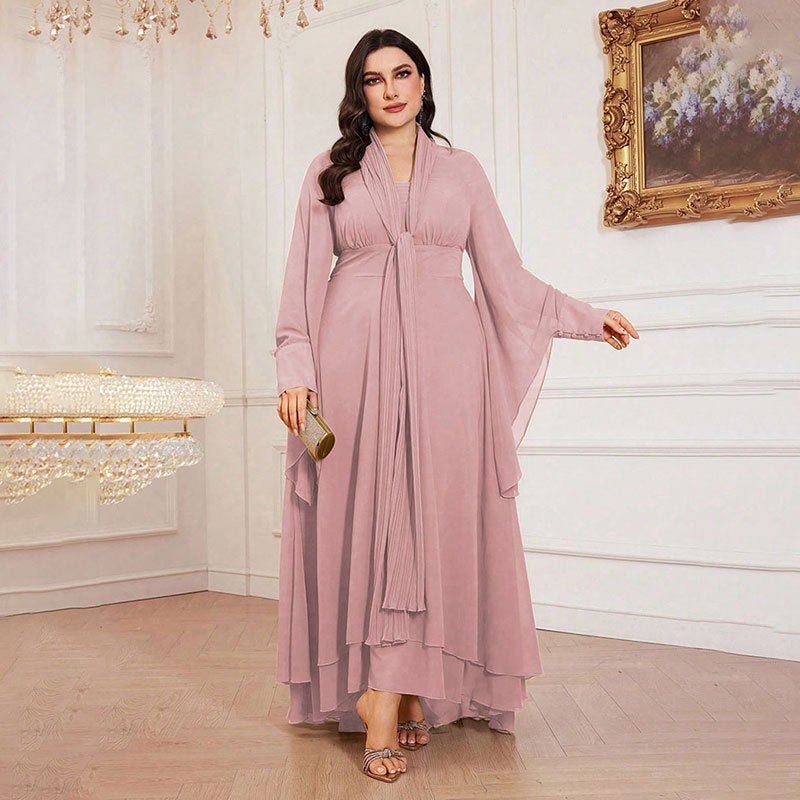 Plus Size Pleated Tie-Neck Maxi Dress(MS370)
