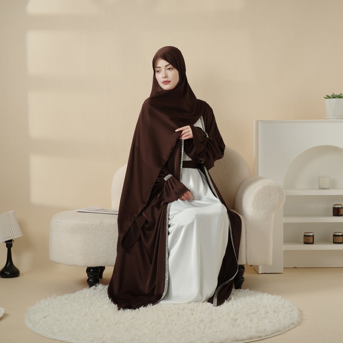 Poet Sleeve Satin Open Abaya With Matching Belt and Hijab (MOA009)