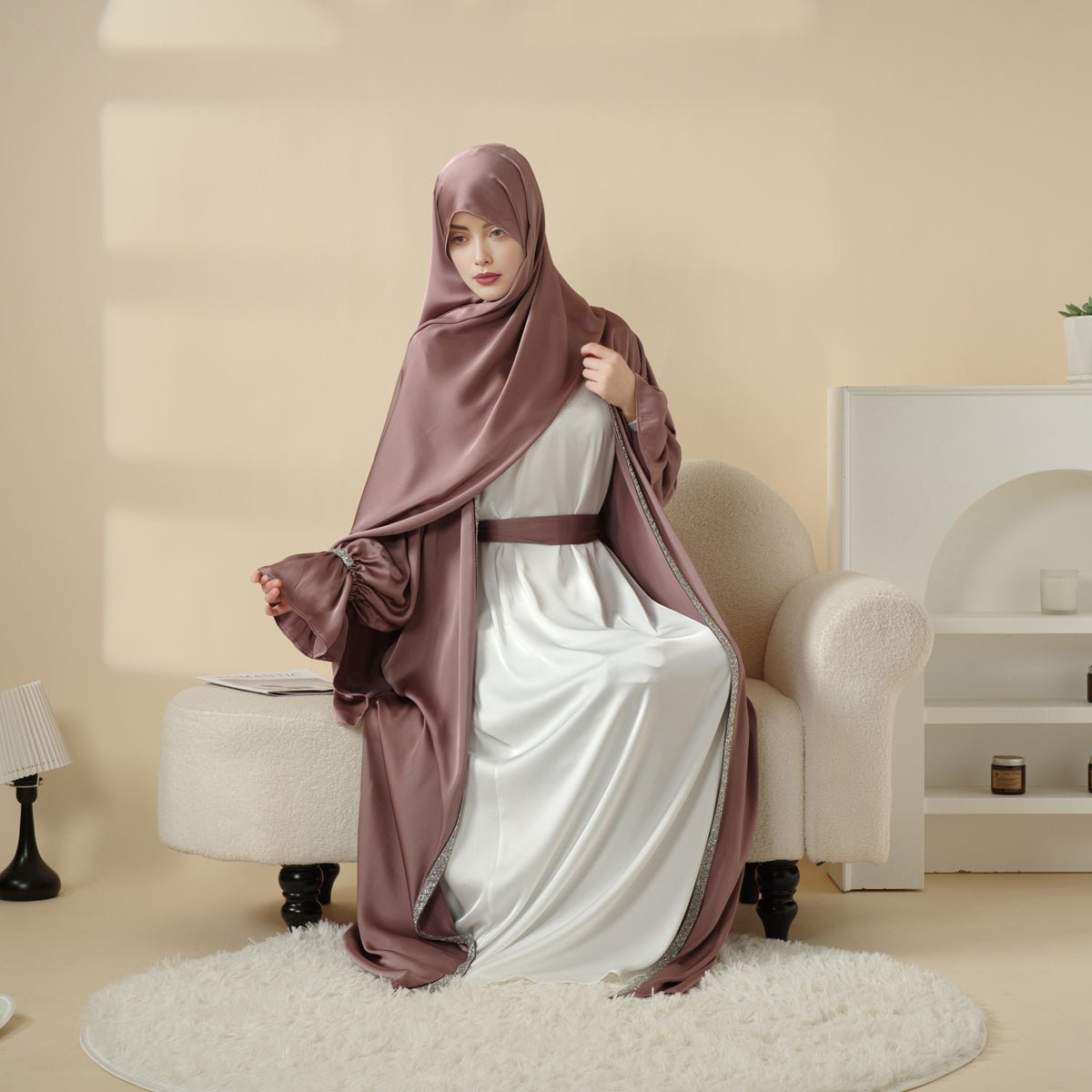 Poet Sleeve Satin Open Abaya With Matching Belt and Hijab (MOA009)