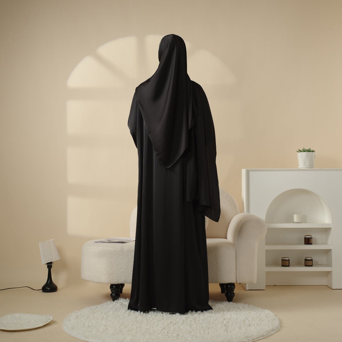 Poet Sleeve Satin Open Abaya With Matching Belt and Hijab (MOA009)