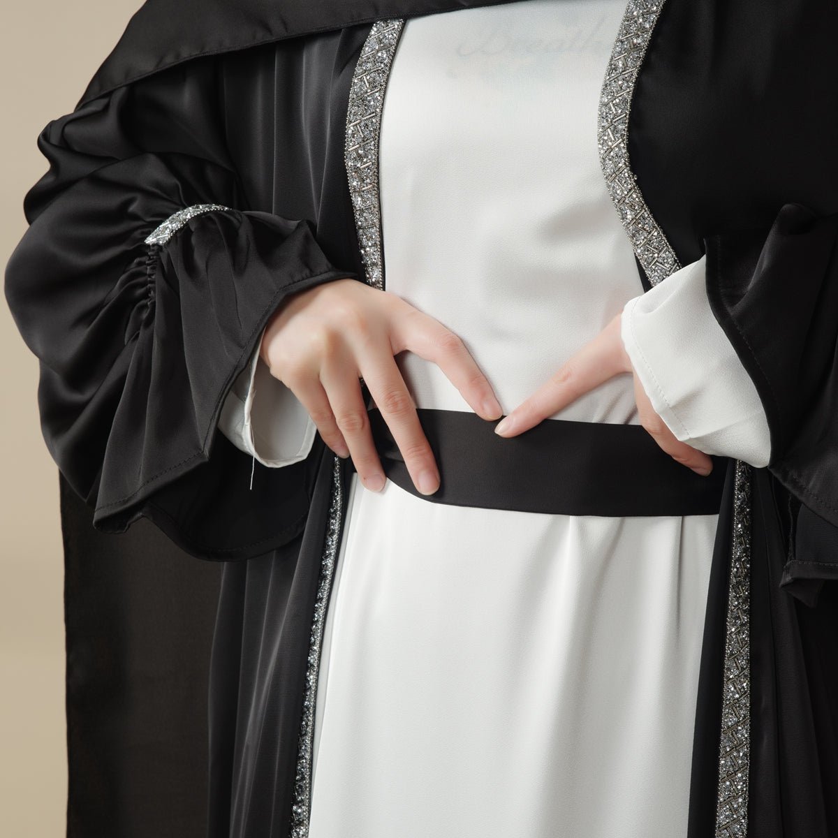 Poet Sleeve Satin Open Abaya With Matching Belt and Hijab (MOA009)