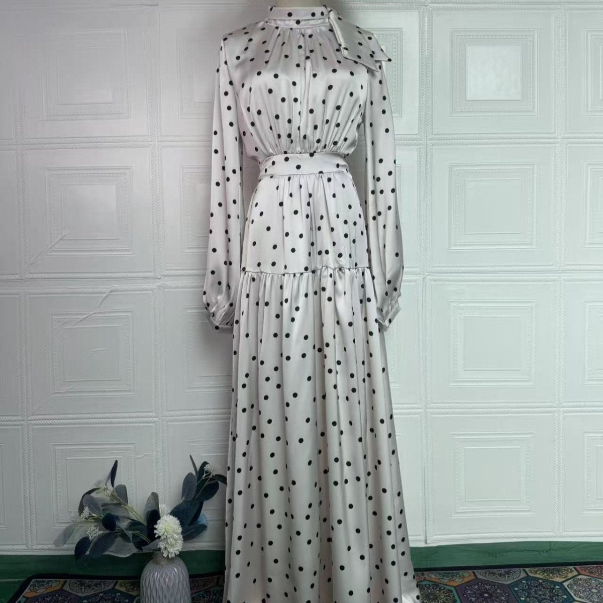 Polka Dot Satin Maxi Dress(MS449)